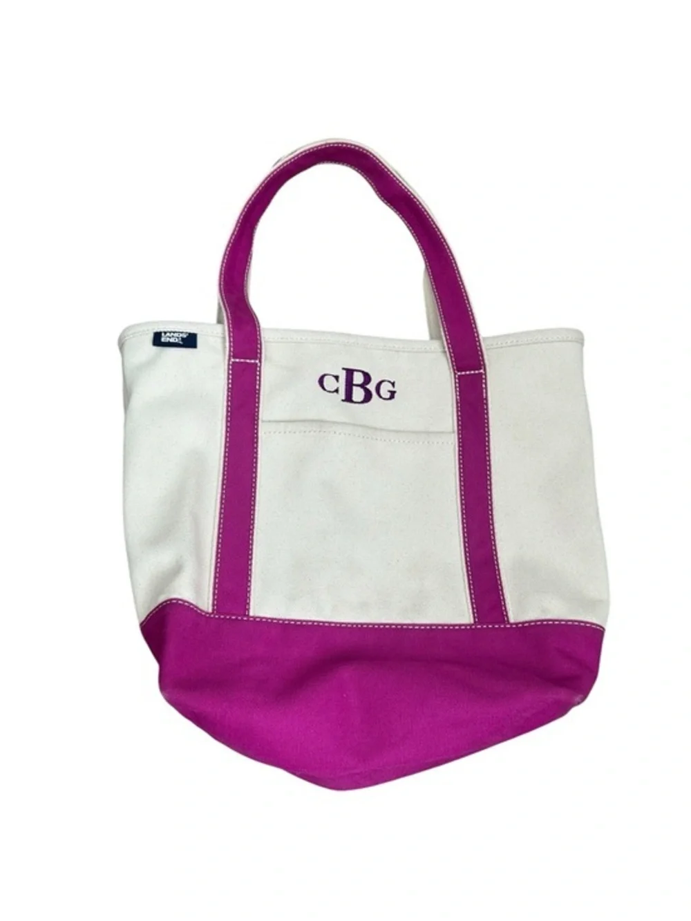 Lands' End White Canvas Tote with Fuchsia Trim and Handles